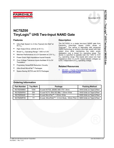 FAIRCHILD NC7SZ00 TinyLogic UHS 2-Input NAND Gate handbook - cover page