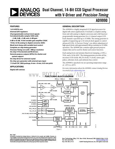 Analog Devices AD9990 Dual‑Channel 14‑Bit CCD Signal Processor Datasheet - cover page