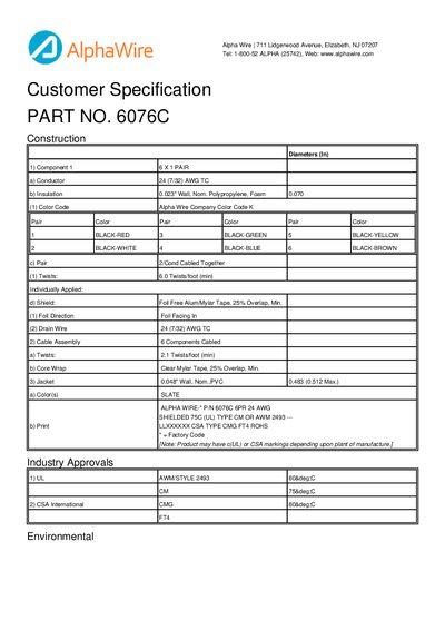 Alpha Wire 6076C Shielded 24 AWG Cable Customer Specification - cover page