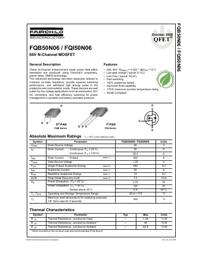 Fairchild Semiconductor FQB50N06/FQI50N06 60V N-Channel MOSFET Datasheet