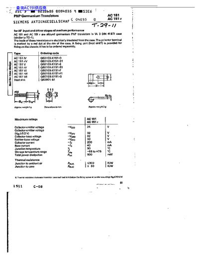 Siemens AC 151 PNP Transistor Datasheet - cover page