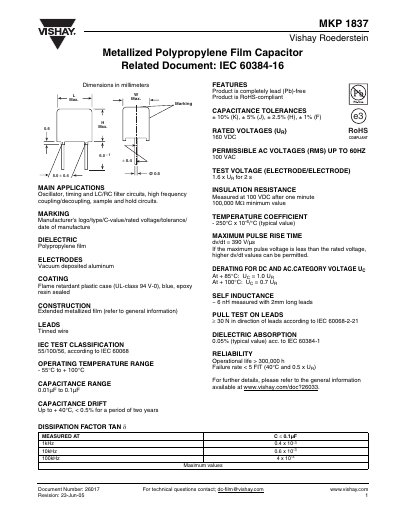 VISHAY ROEDERSTEIN MKP 1837 Metallized Polypropylene Film Capacitor Related Document: IEC 60384-16 handbook - cover page