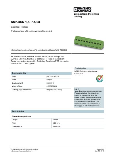 Phoenix Contact SMKDSN 1.5/7-5.08 PC Terminal Block Datasheet - cover page