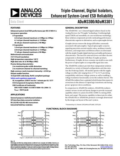 Analog Devices ADuM3300/ADuM3301 Product Handbook Rev B - cover page
