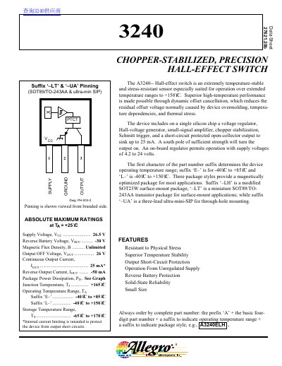 Allegro A3240 Chopper-Stabilized Hall-Effect Switch Datasheet - cover page