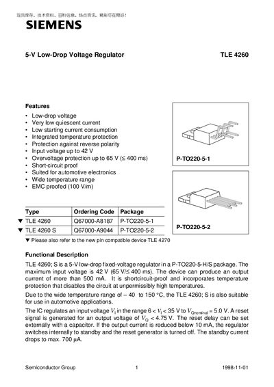 Siemens TLE 4260 5‑V Low‑Drop Voltage Regulator Datasheet - cover page