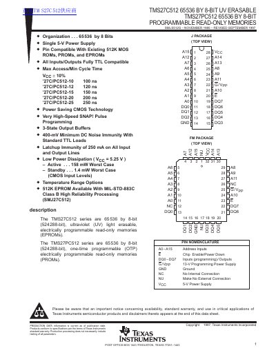 TEXAS INSTRUMENTS TMS27C512 65536 BY 8-BIT UV ERASABLE TMS27PC512 65536 BY 8-BIT PROGRAMMABLE READ-ONLY MEMORIES handbook - cover page