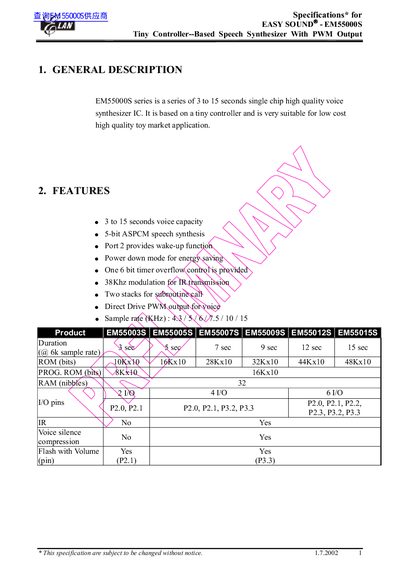ELAN EM55000S Speech Synthesizer Datasheet - cover page