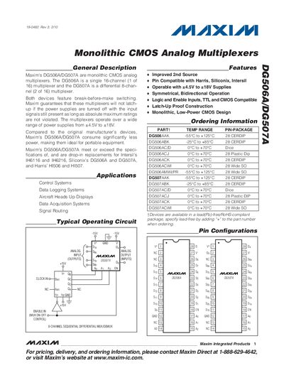 Maxim DG506A/DG507A Analog Multiplexer Datasheet - cover page