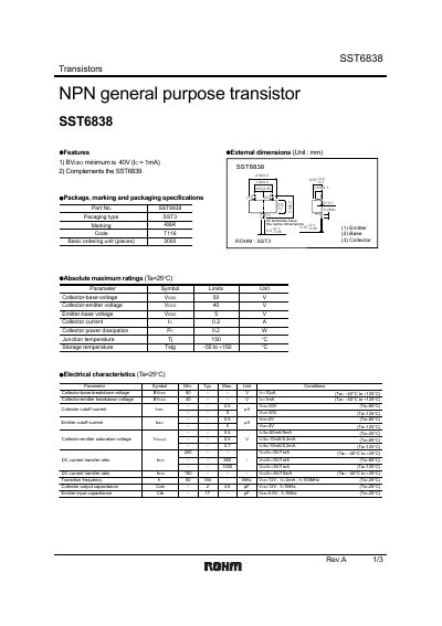 ROHM SST6838 Transistor Datasheet - cover page