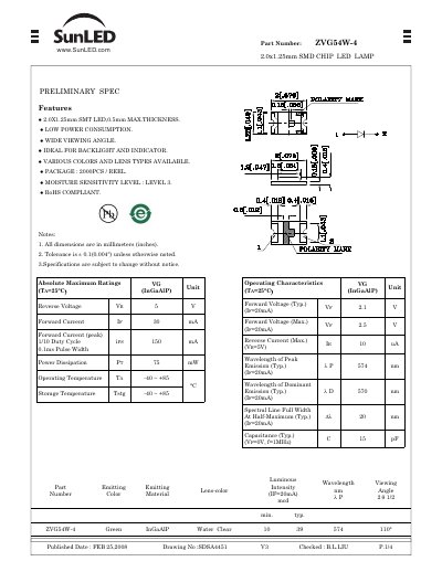 SunLED ZVG54W-4 SMD Chip LED Lamp Datasheet - cover page