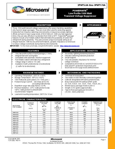 Microsemi 3PMT5.0A THRU 3PMT170A  - cover page