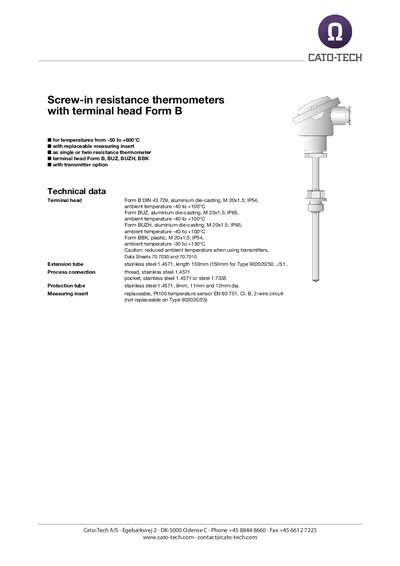 JUMO Form B Screw-in Resistance Thermometer Data Sheet - cover page