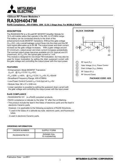 Mitsubishi Electric RA30H4047M RF Power Module Datasheet