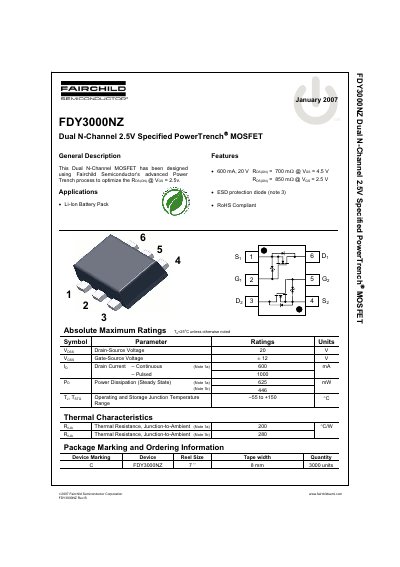 Fairchild Semiconductor FDY3000NZ Dual N-Channel MOSFET Datasheet - cover page