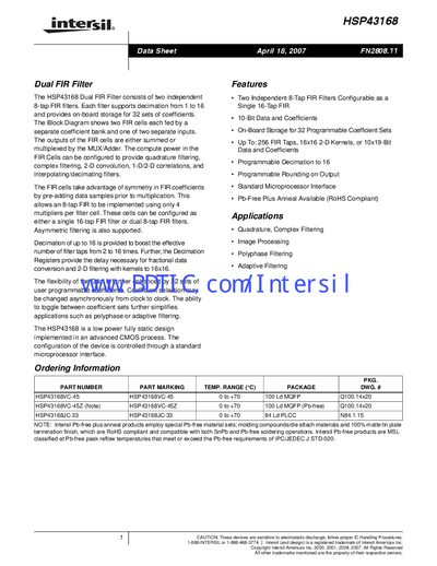 Intersil HSP43168 Dual FIR Filter Datasheet - cover page