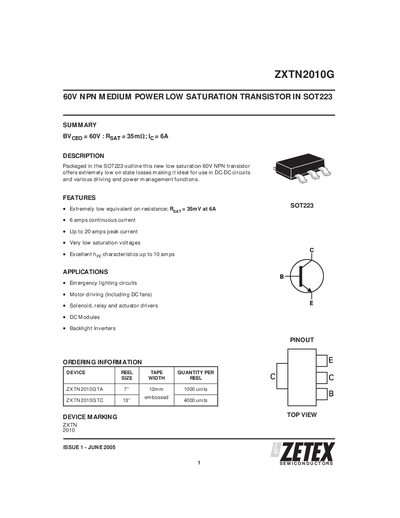 ZETEX ZXTN2010G 60V NPN MEDIUM POWER LOW SATURATION TRANSISTOR IN SOT223 handbook