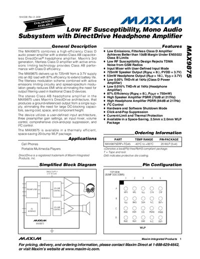 Maxim MAX9875 Low RF Susceptibility Mono Audio Subsystem Handbook - cover page