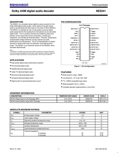 Philips Semiconductors NE5241 Dolby ADM Digital Audio Decoder Datasheet - cover page