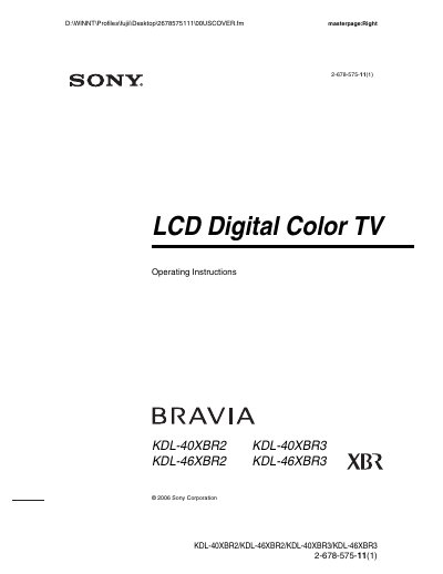 Sony KDL-40XBR2/40XBR3/46XBR2/46XBR3 TV Operating Instructions - cover page