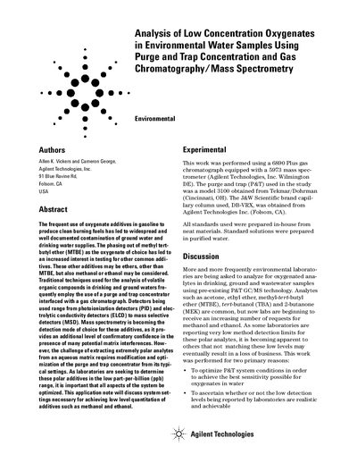 Analysis of Low Concentration Oxygenates in Environmental Water Samples Using Purge Trap Concentration Gas Chromatograph - cover page