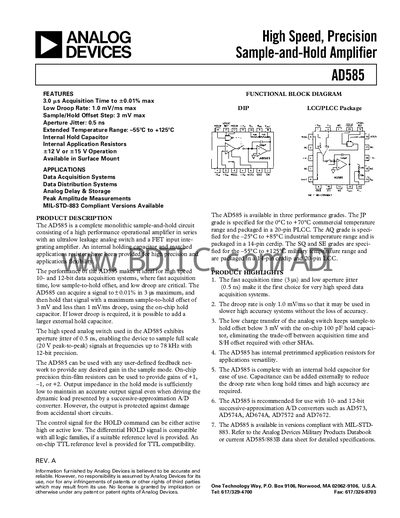 Analog Devices AD585 Sample-and-Hold Amplifier Datasheet - cover page