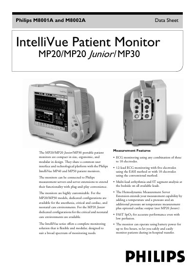 Philips M8001A/M8002A Patient Monitor Data Sheet - cover page