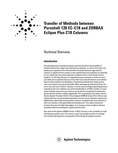 Agilent Poroshell 120 EC-C18 and ZORBAX Eclipse Plus C18 Method Transfer Technical Overview
