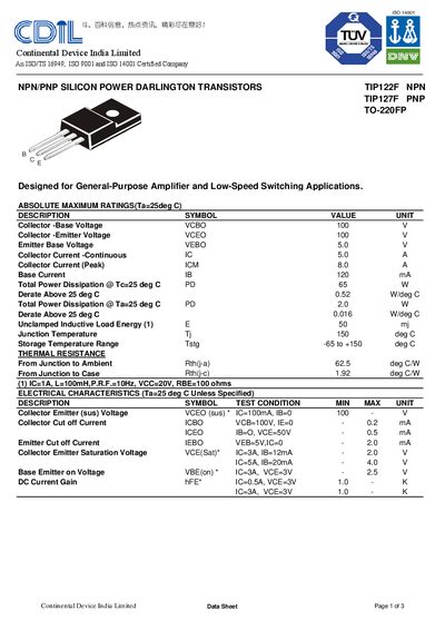 CDIL TIP122F NPN TIP127F PNP TO-220FP NPN/PNP SILICON POWER DARLINGTON TRANSISTORS Data Sheet(1) - cover page