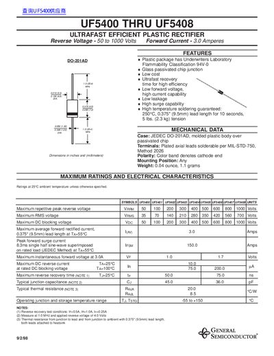 General Semiconductor UF5400-UF5408 Ultrafast Rectifier Datasheet - cover page