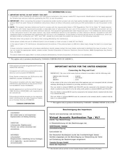 Yamaha VL7 Virtual Acoustic Synthesizer Owner's Manual - cover page
