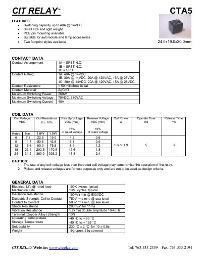 CIT Relay CTA5 Relay Datasheet - cover page
