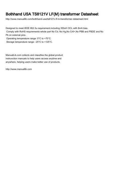 Bothhand USA TS8121V LF 10/100 Base Pulse Transformer Datasheet - cover page