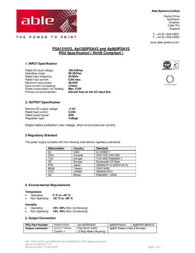 Able Systems PSA1310V2 / Ap1200PSAV2 / Ap800PSAV2 PSU Specification - cover page