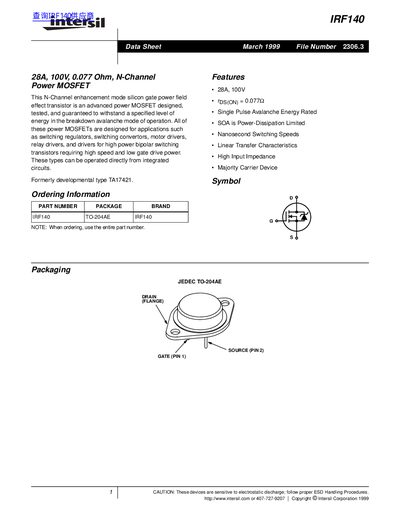 Intersil IRF140 N-Channel Power MOSFET Datasheet - cover page