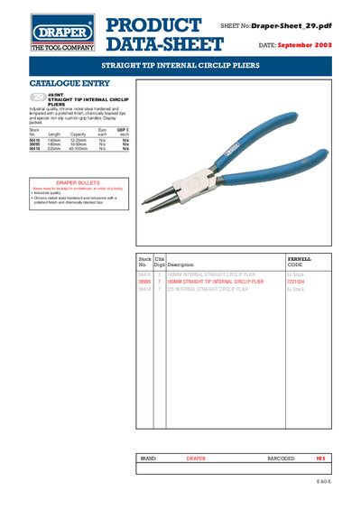 Draper Straight Tip Internal Circlip Pliers Datasheet - cover page