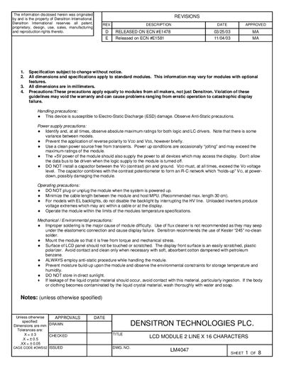 Densitron LM4047 Character LCD Module Handbook - cover page