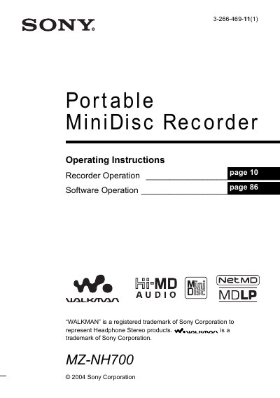 Sony MZ-NH700 MiniDisc Recorder User Manual - cover page