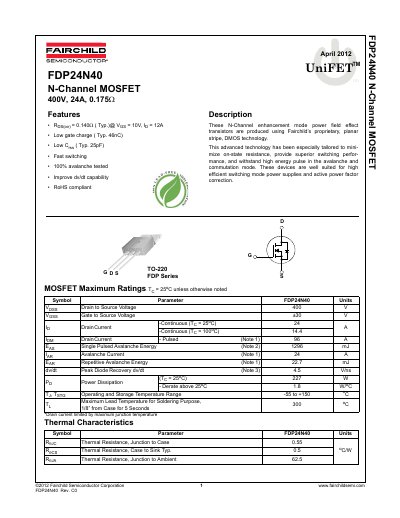 Fairchild FDP24N40 N-Channel MOSFET Datasheet - cover page