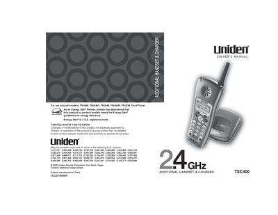 Uniden TXC400 Additional Handset Owner's Manual - cover page
