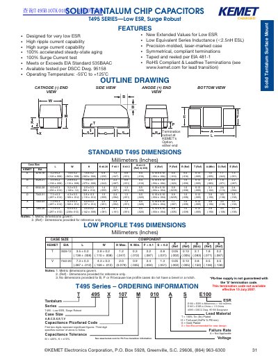KEMET T495 Series Solid Tantalum Chip Capacitors Datasheet - cover page