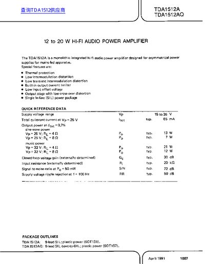TDA1512A/TDA1512AQ 12 to 20 W Hi-Fi Audio Power Amplifier Datasheet - cover page