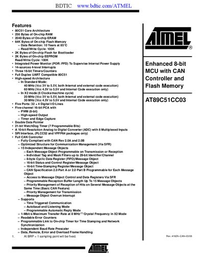 Atmel AT89C51CC03 Datasheet - cover page