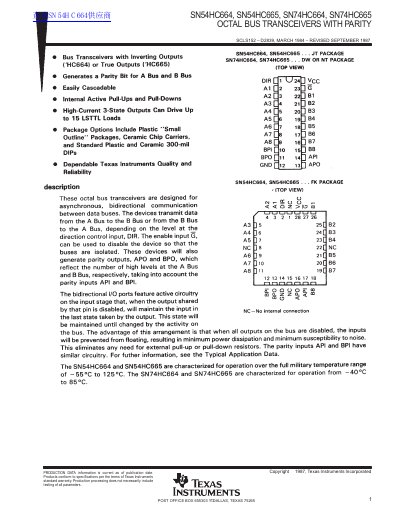 Texas Instruments SN54HC664/SN54HC665/SN74HC664/SN74HC665 Octal Bus Transceivers with Parity Datasheet - cover page