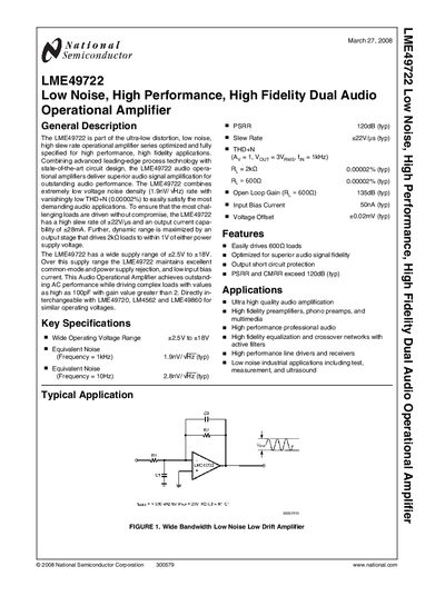 National Semiconductor LME49722 Low Noise High Performance High Fidelity Dual Audio Operational Amplifier Datasheet - cover page