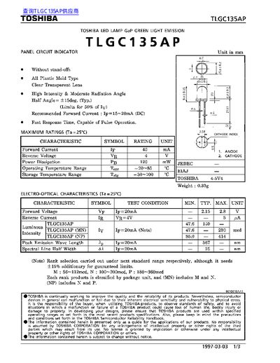 Toshiba TLGC135AP LED Lamp Datasheet - cover page