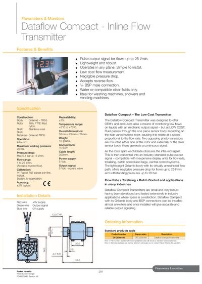 Parker Dataflow Compact Inline Flow Transmitter Datasheet - cover page