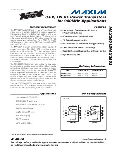 Maxim MAX2601 / MAX2602 RF Power Transistor Datasheet - cover page