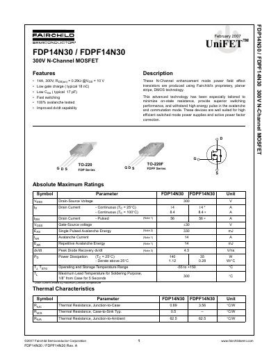 Fairchild Semiconductor FDP14N30/FDPF14N30 300V N-Channel MOSFET Datasheet - cover page