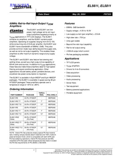 Intersil EL5611/EL5811 Data Sheet - cover page